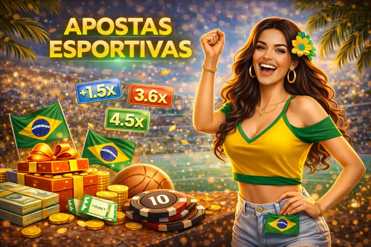 Mulher comemorando apostas esportivas com multiplicadores e bandeiras do Brasil