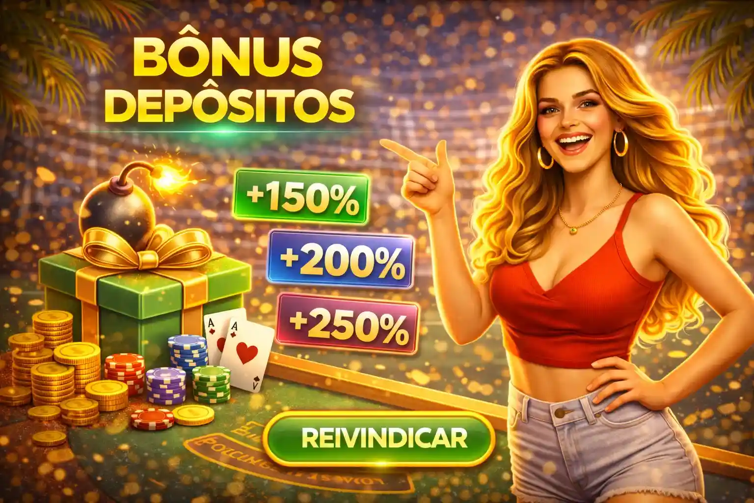 Mulher apontando bônus de depósito com fichas, cartas e moedas douradas