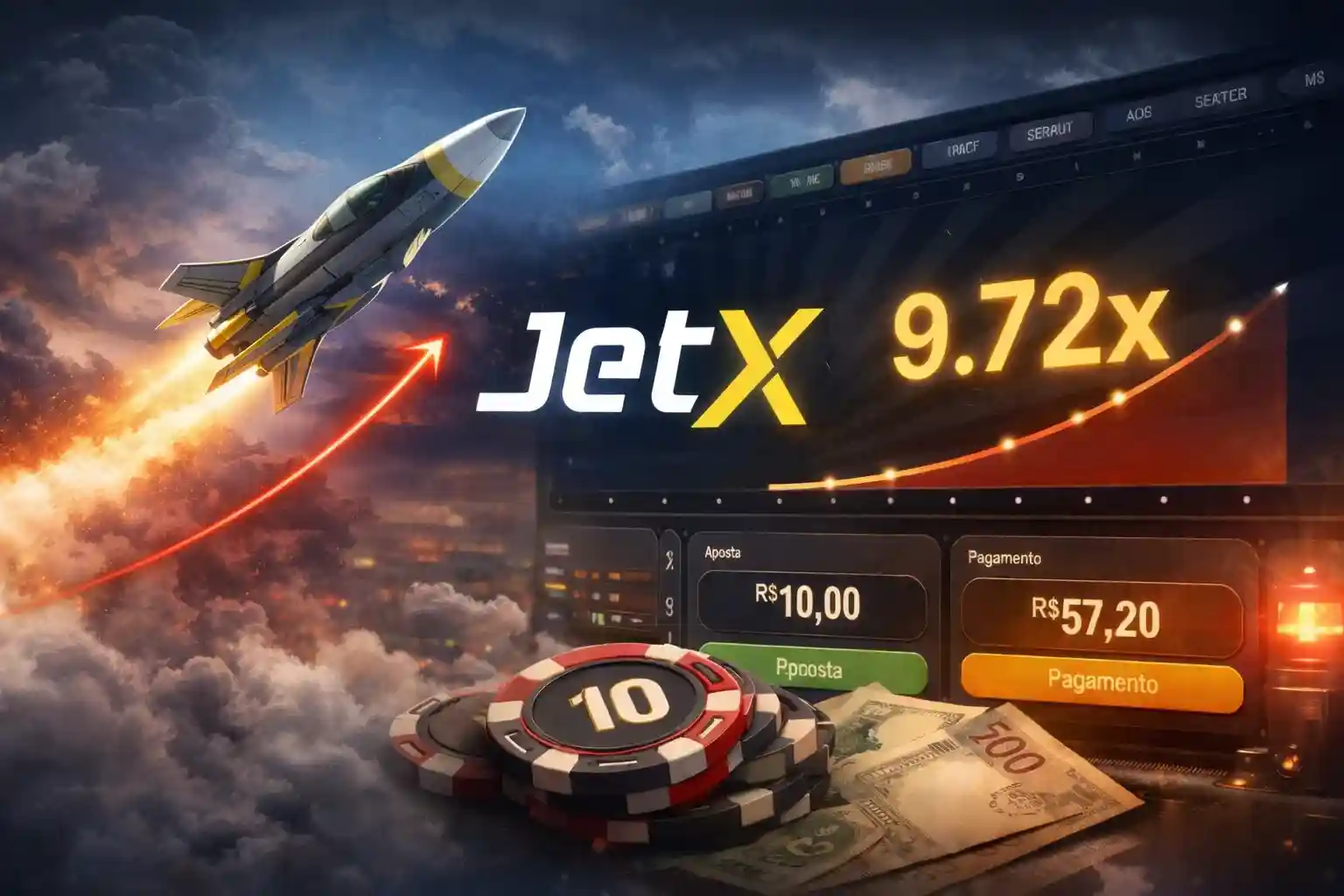 Foguete JetX com gráfico de multiplicador alto e interface de apostas